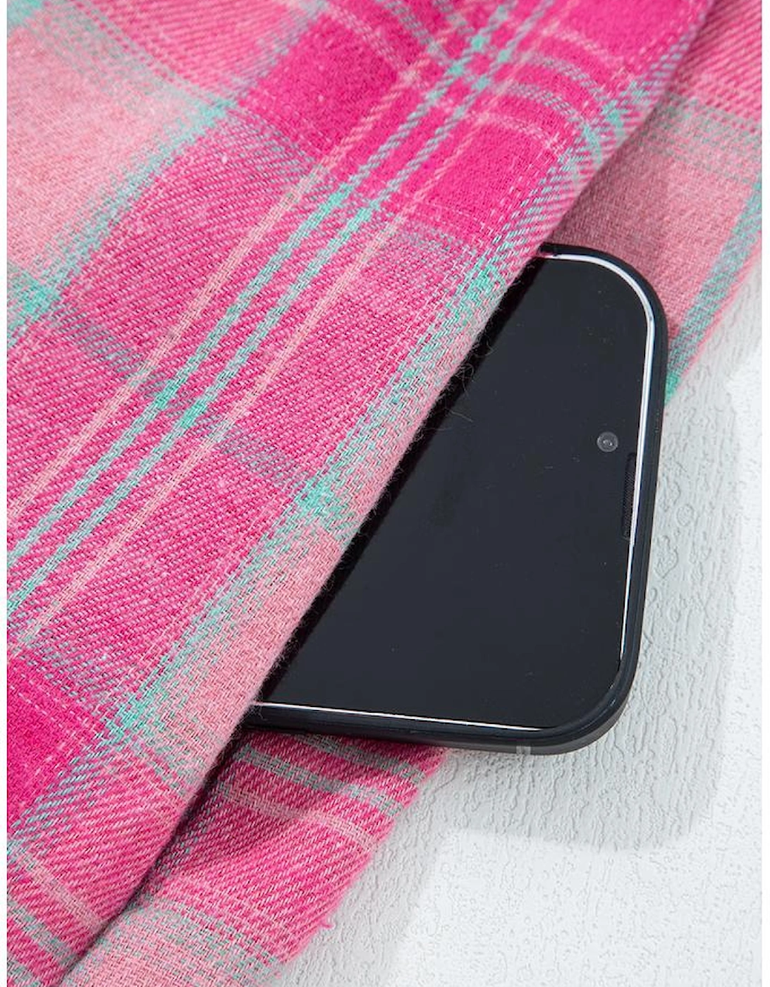 Sachet Pink Plaid Print Rounded Hem Long Sleeve Shirt with Pockets