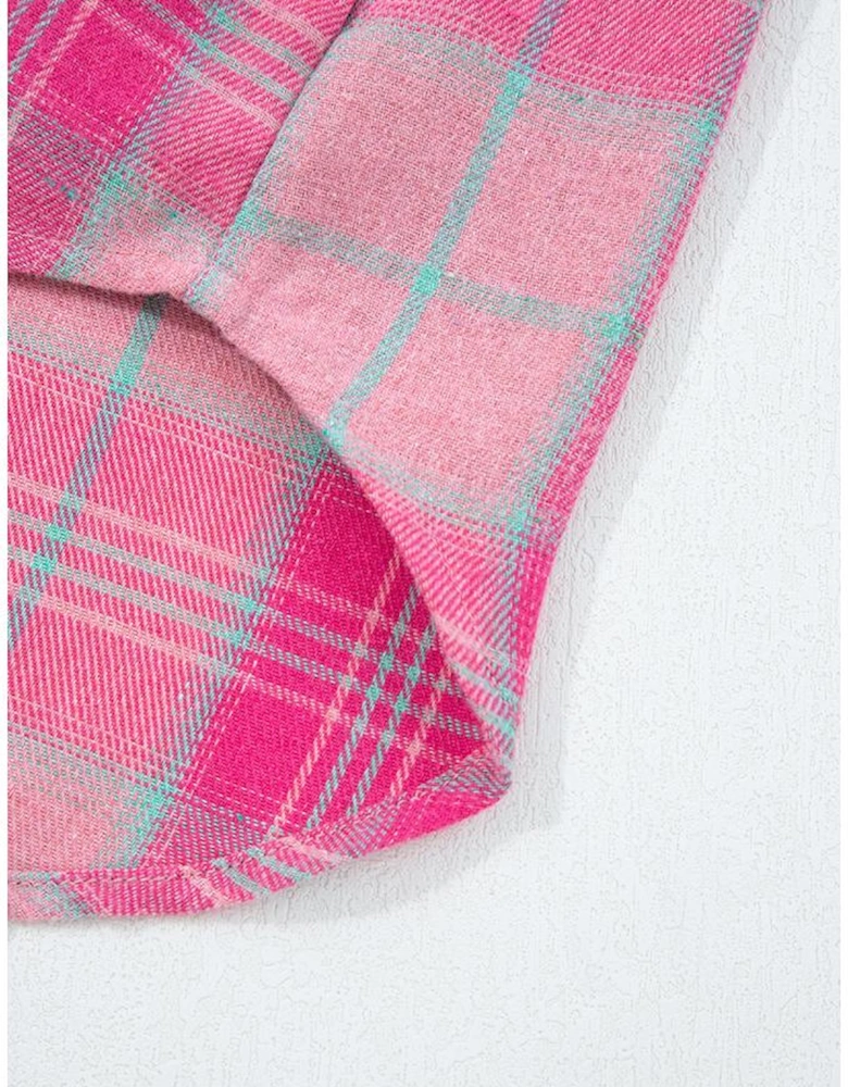 Sachet Pink Plaid Print Rounded Hem Long Sleeve Shirt with Pockets