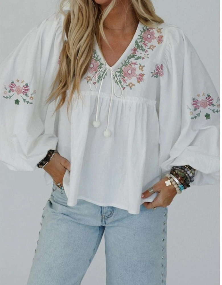 White Flower Lace-up V Neck Babydoll Blouse