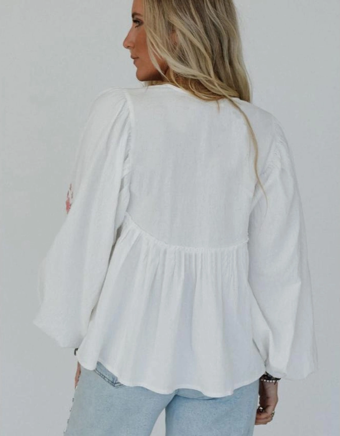 White Flower Lace-up V Neck Babydoll Blouse, 12 of 11