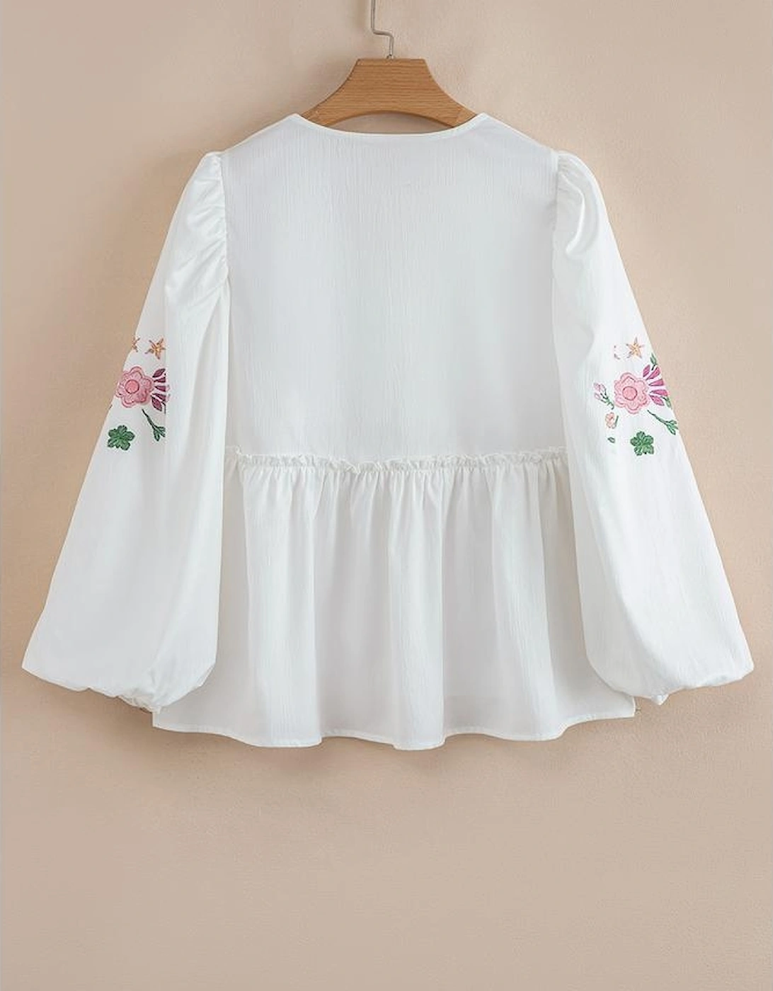 White Flower Lace-up V Neck Babydoll Blouse