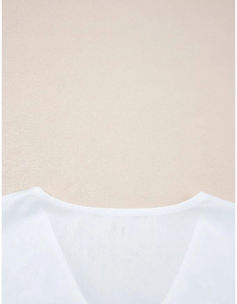 White Flower Lace-up V Neck Babydoll Blouse