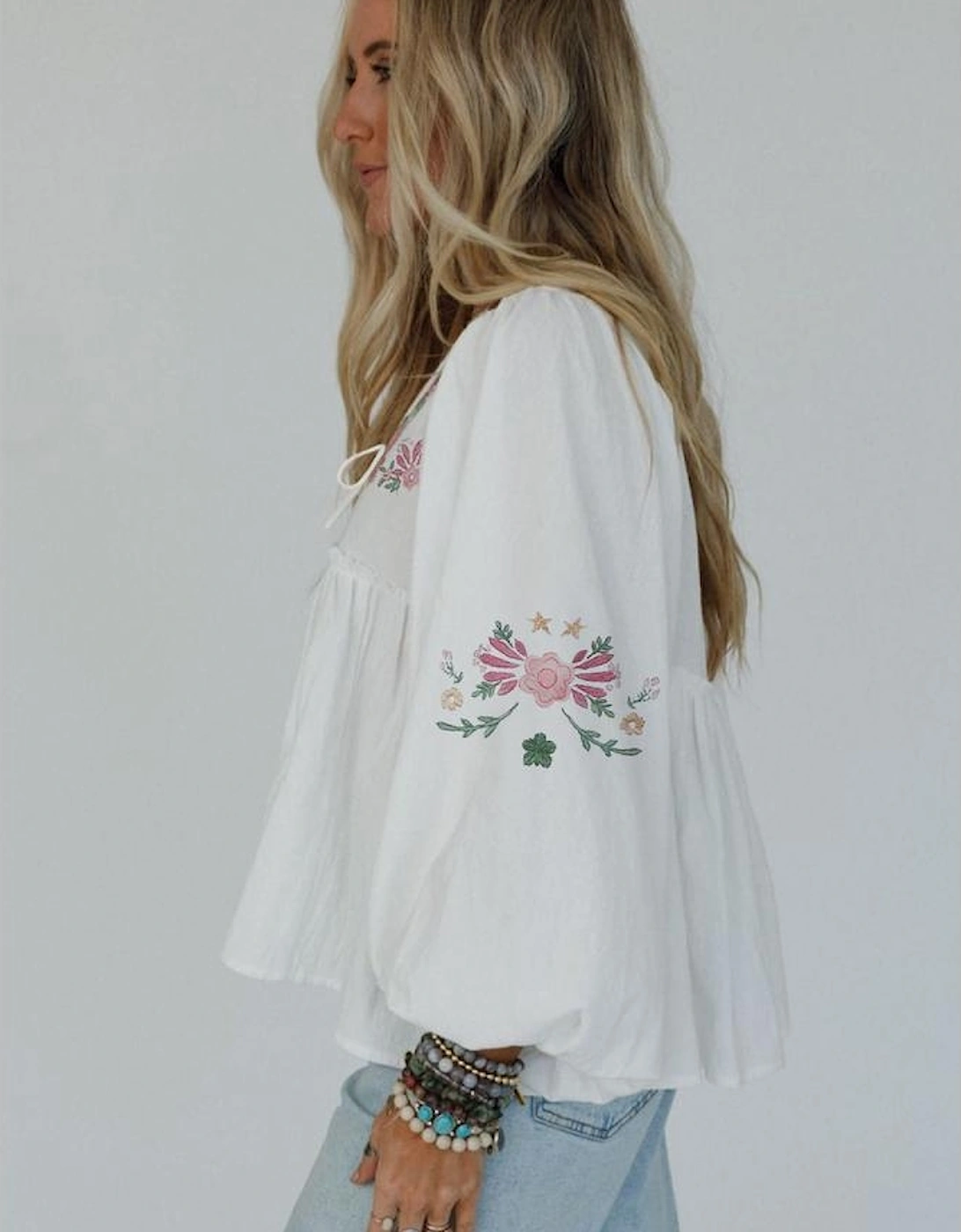 White Flower Lace-up V Neck Babydoll Blouse