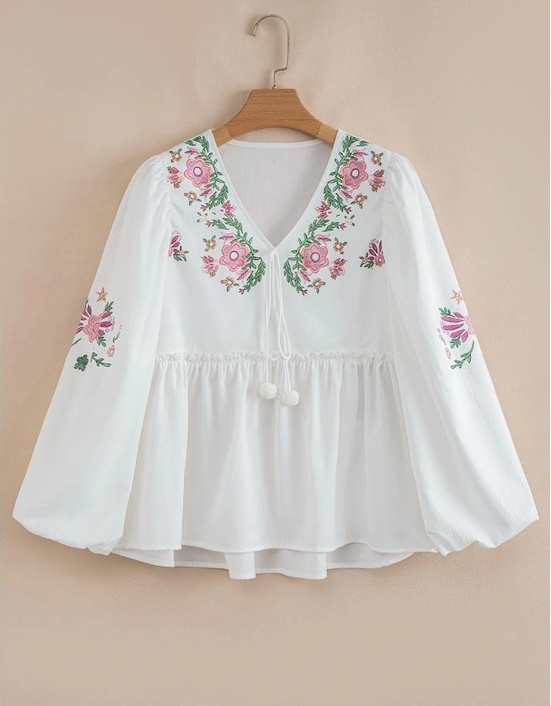 White Flower Lace-up V Neck Babydoll Blouse