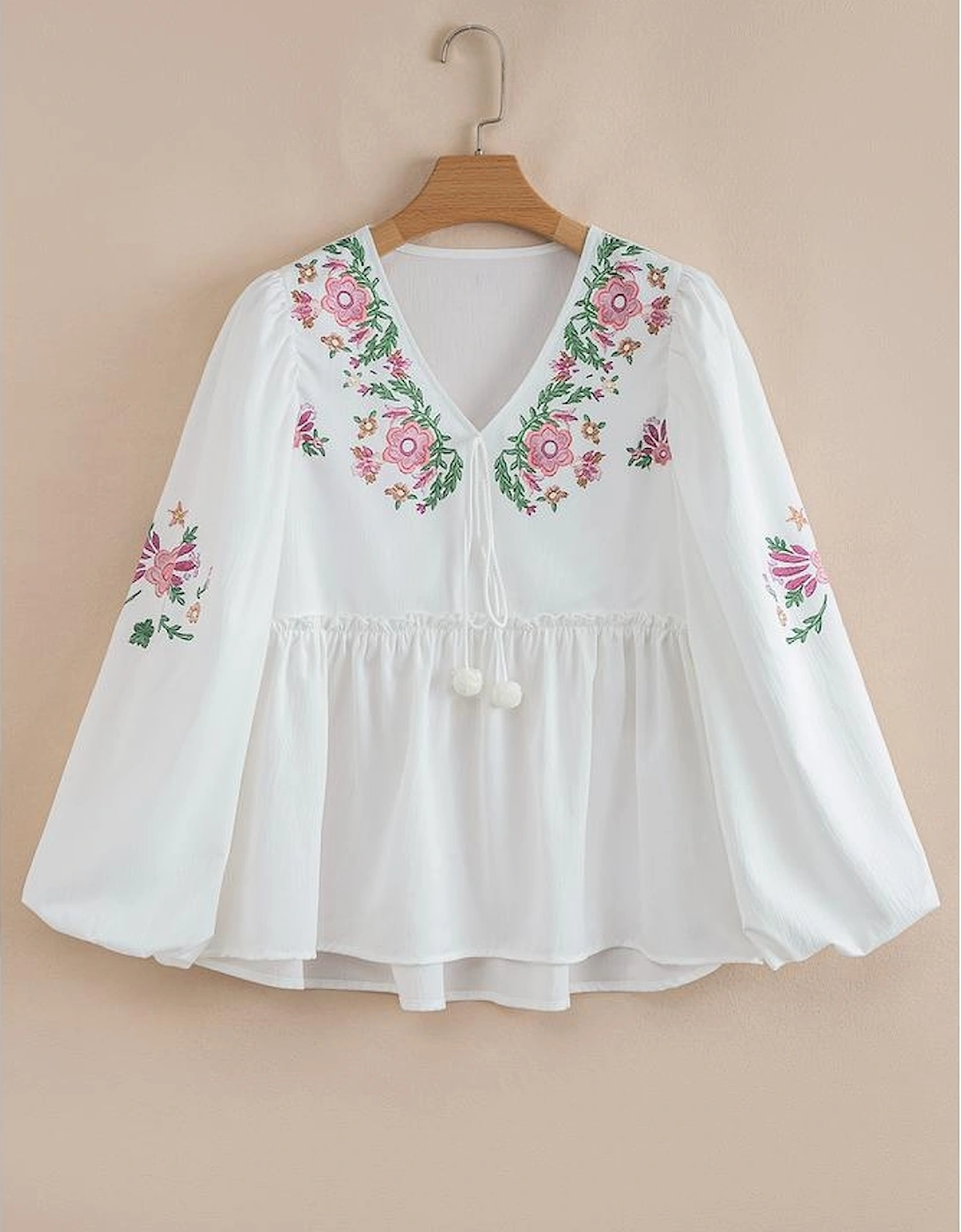 White Flower Lace-up V Neck Babydoll Blouse