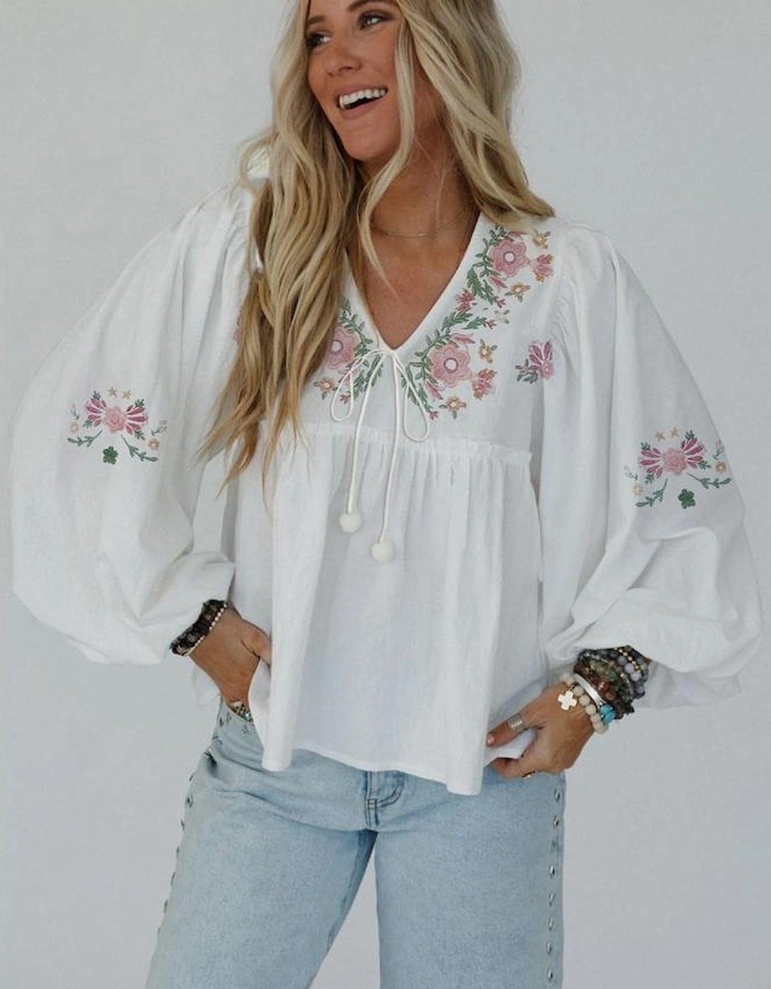White Flower Lace-up V Neck Babydoll Blouse