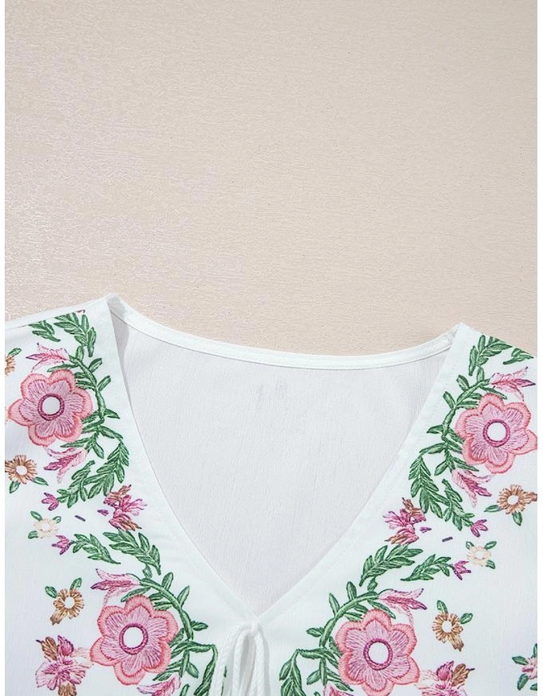White Flower Lace-up V Neck Babydoll Blouse