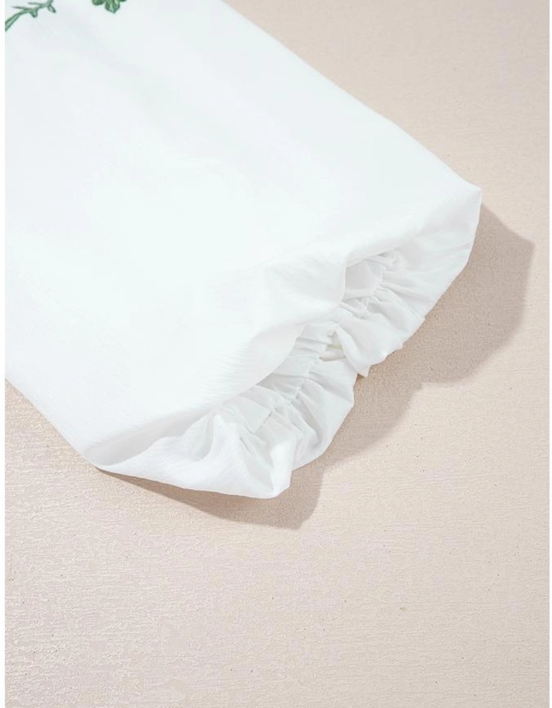 White Flower Lace-up V Neck Babydoll Blouse