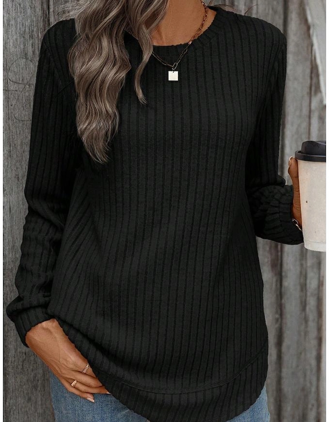 Black Ribbed Texture Round Neck Long Sleeve Rounded Hem Knit Top, 7 of 6