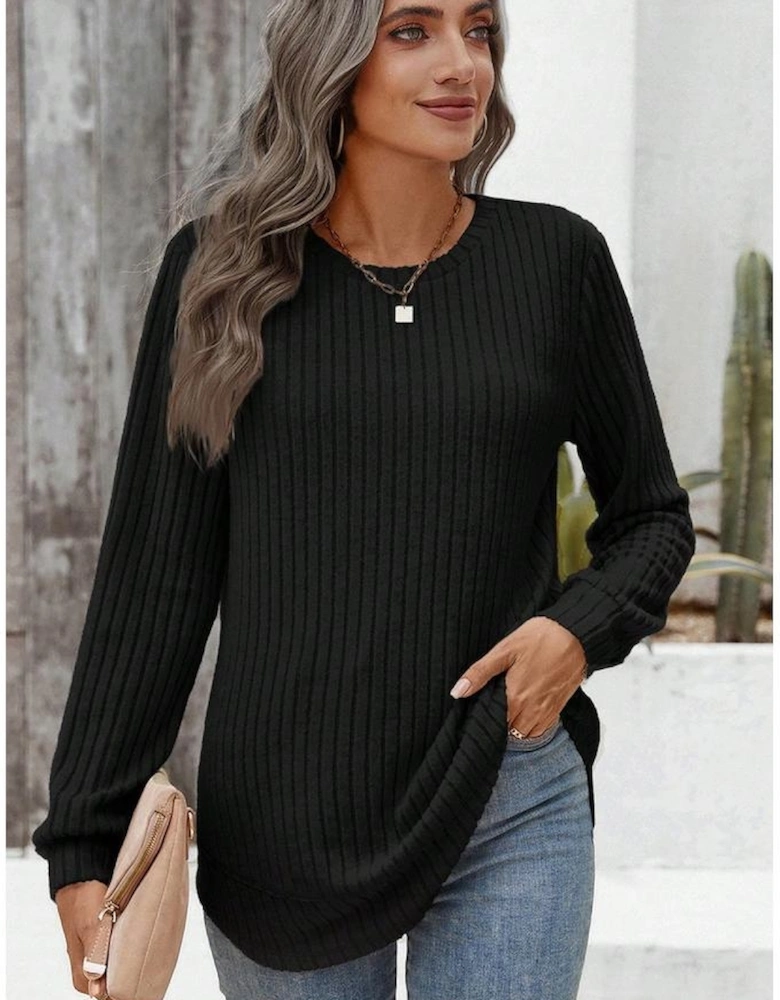 Black Ribbed Texture Round Neck Long Sleeve Rounded Hem Knit Top