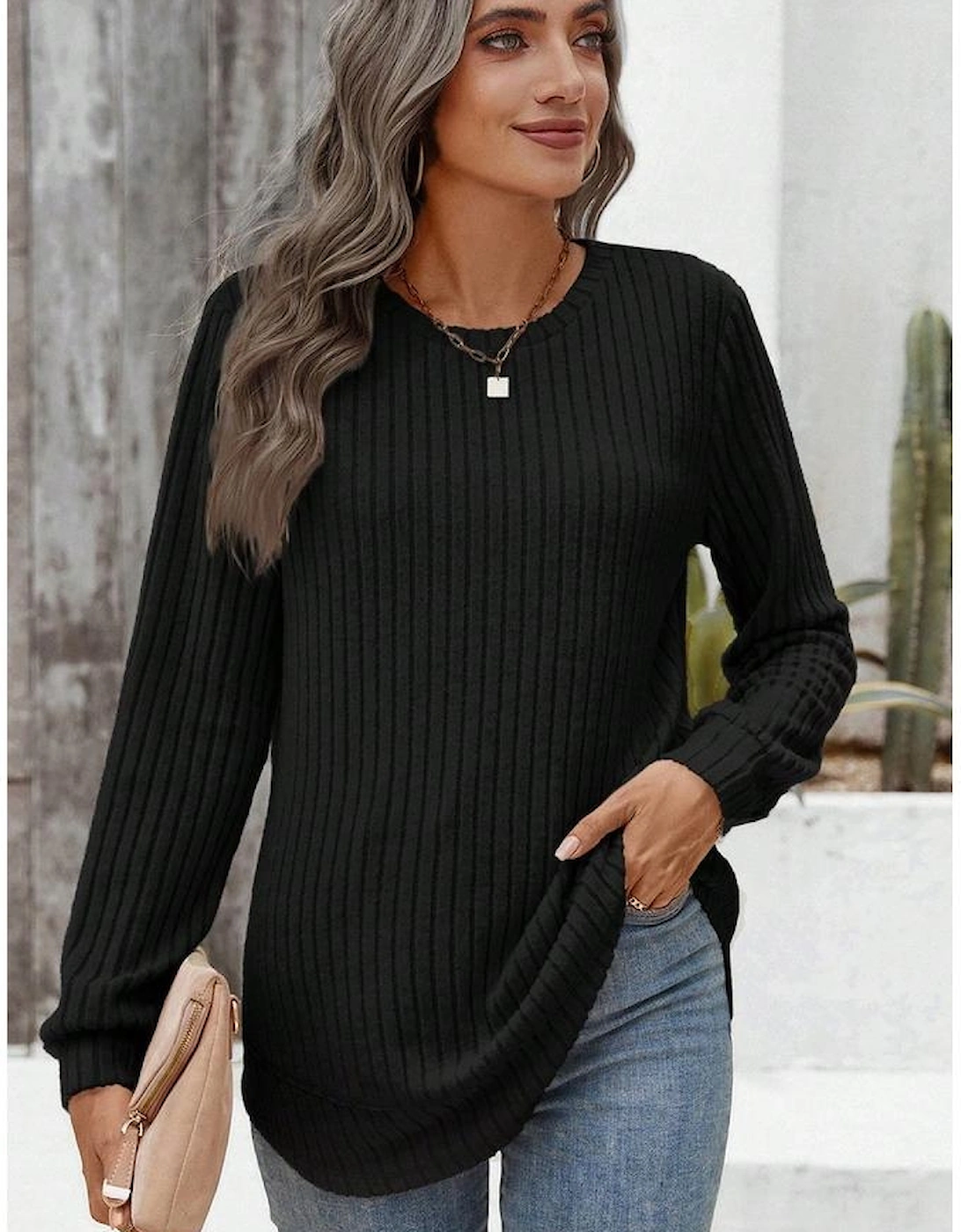 Black Ribbed Texture Round Neck Long Sleeve Rounded Hem Knit Top