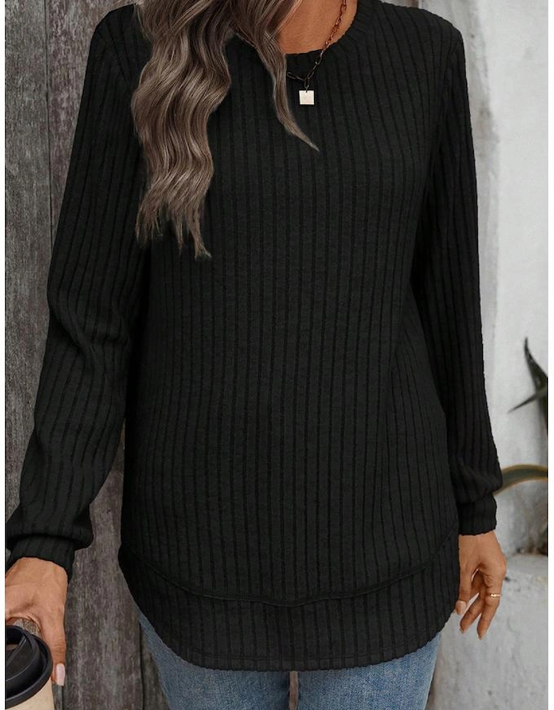 Black Ribbed Texture Round Neck Long Sleeve Rounded Hem Knit Top