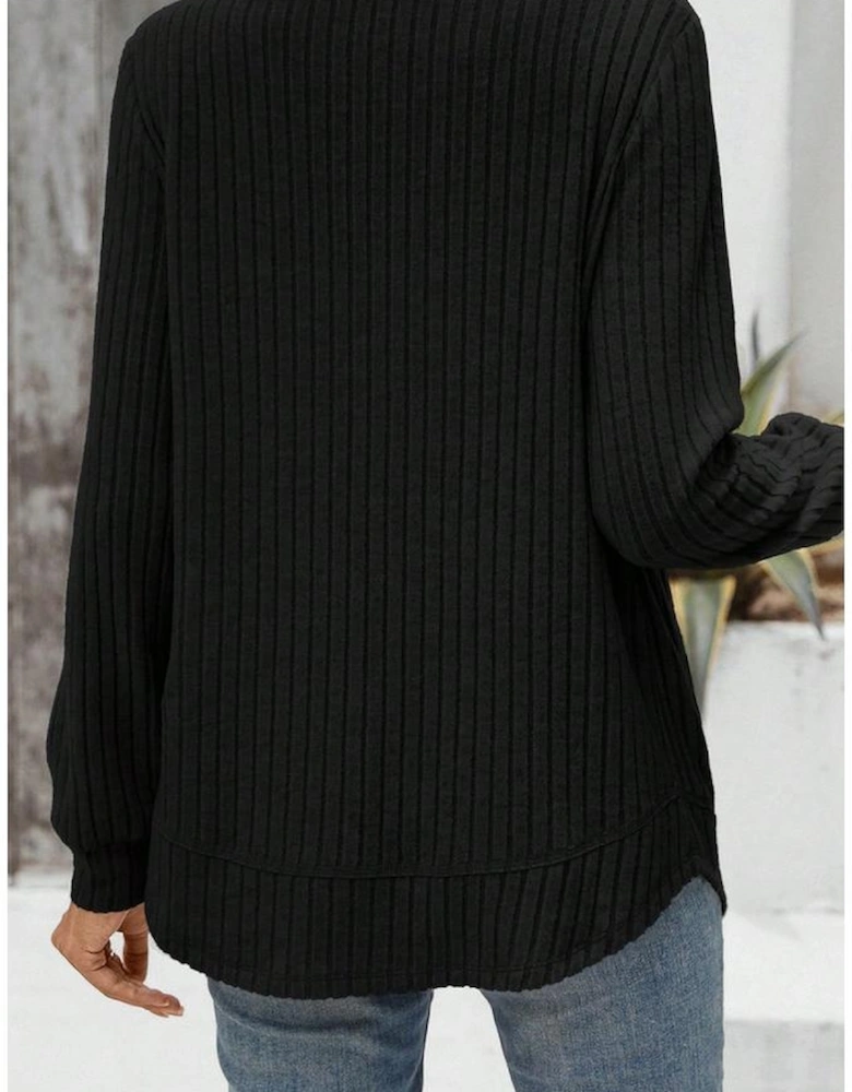Black Ribbed Texture Round Neck Long Sleeve Rounded Hem Knit Top
