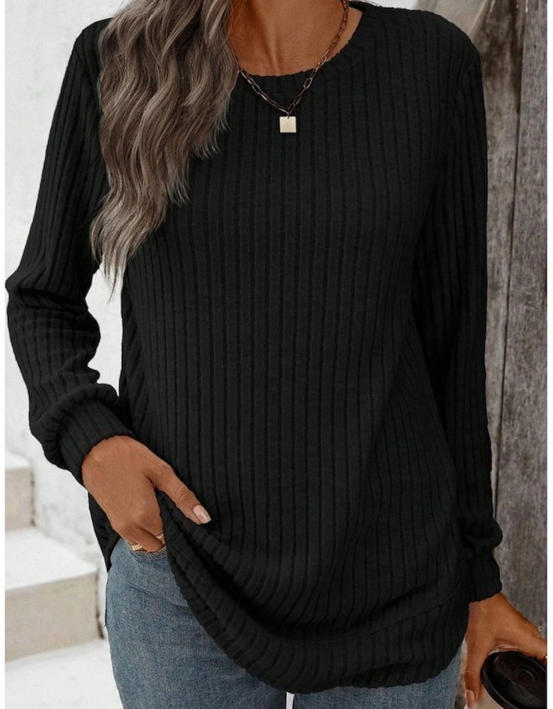Black Ribbed Texture Round Neck Long Sleeve Rounded Hem Knit Top