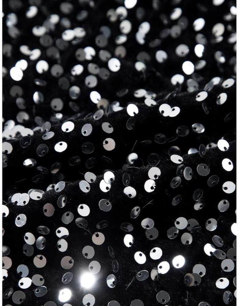 Black Sequined Long Sleeve Crew Neck Cropped Blouse