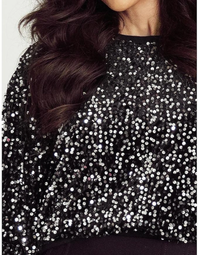 Black Sequined Long Sleeve Crew Neck Cropped Blouse