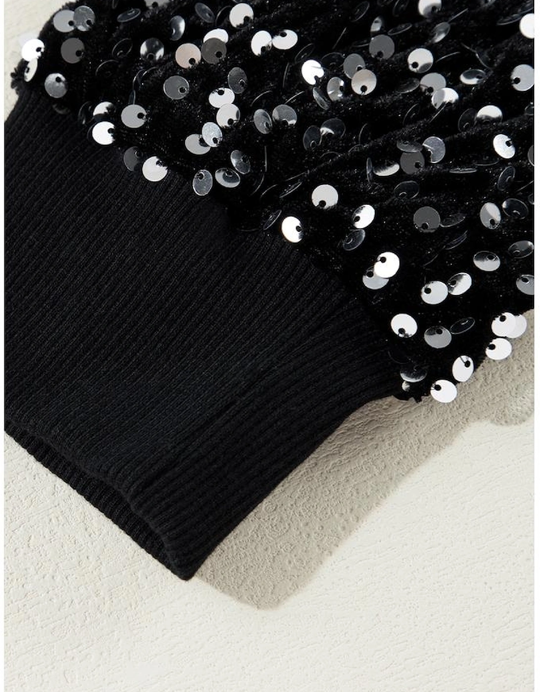 Black Sequined Long Sleeve Crew Neck Cropped Blouse