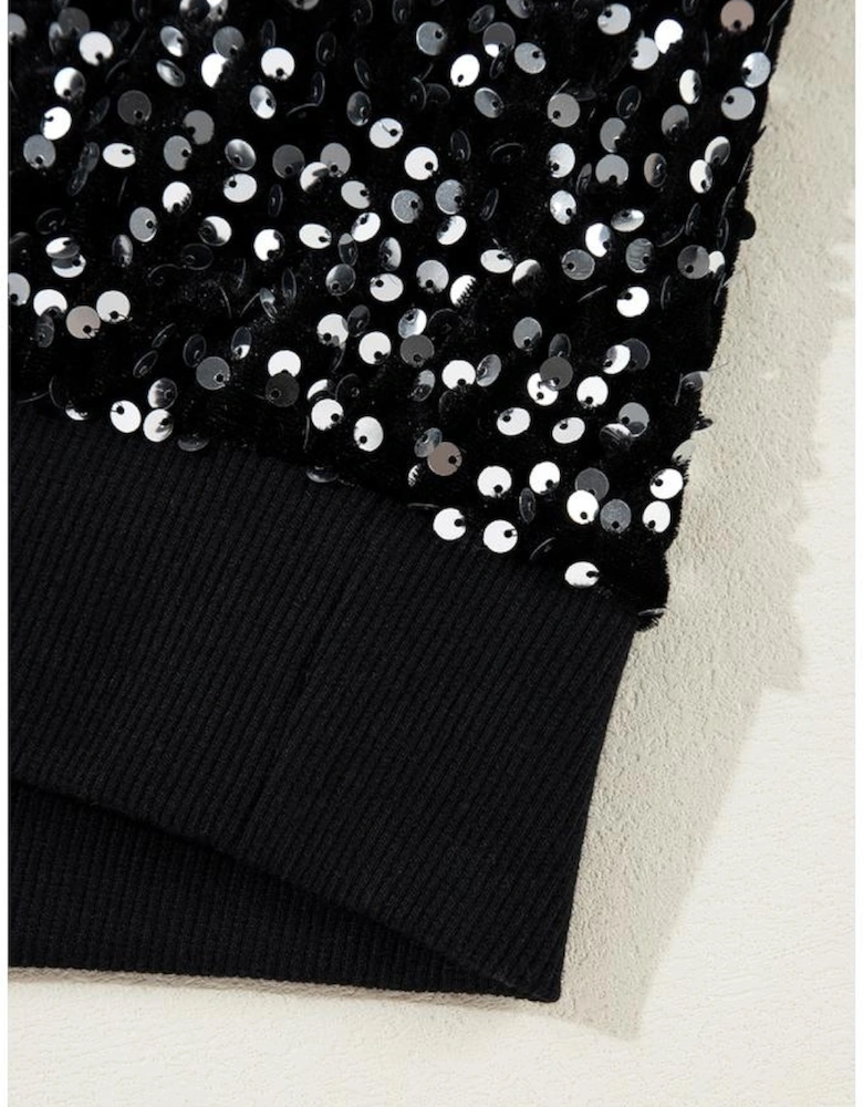 Black Sequined Long Sleeve Crew Neck Cropped Blouse