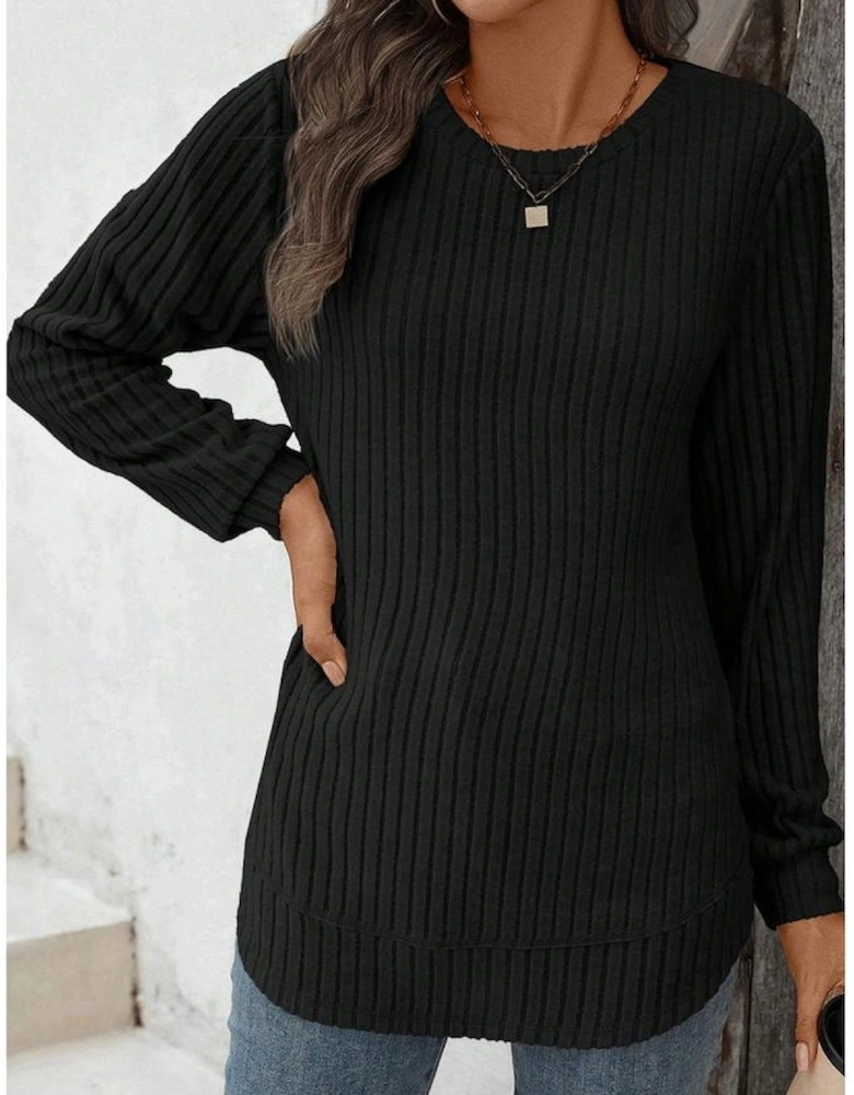 Black Ribbed Texture Round Neck Long Sleeve Rounded Hem Knit Top
