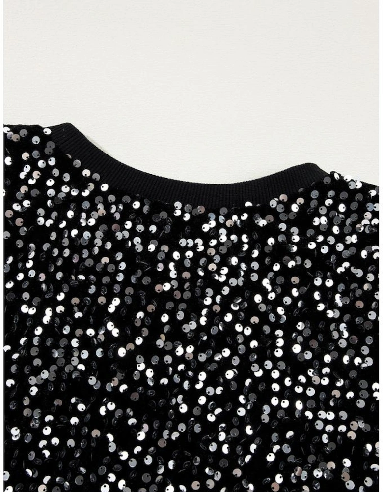 Black Sequined Long Sleeve Crew Neck Cropped Blouse