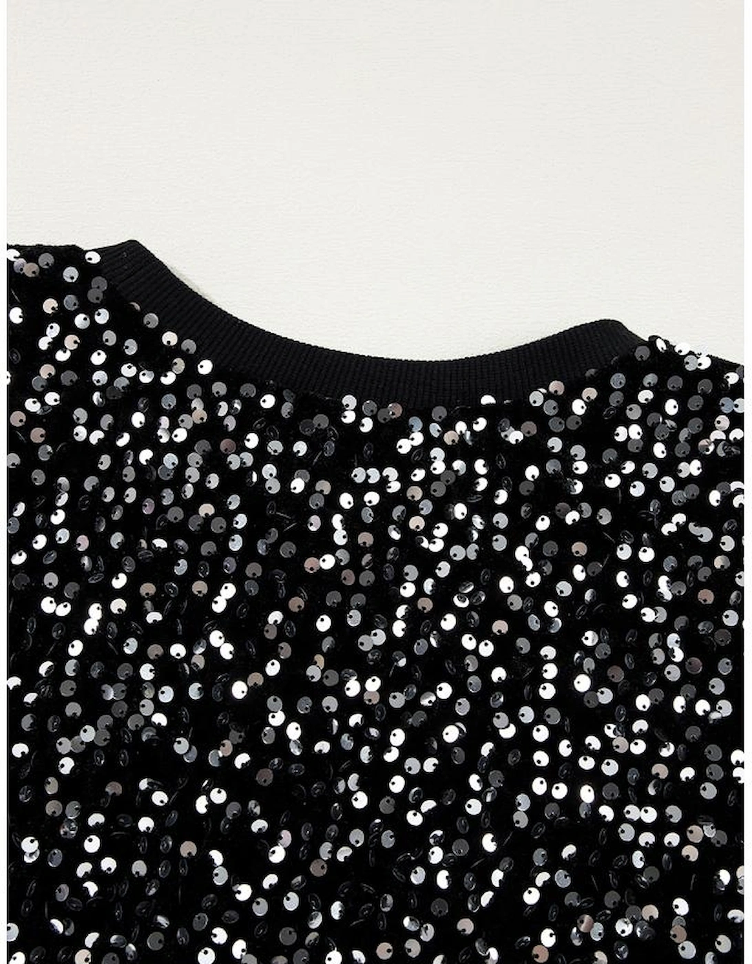 Black Sequined Long Sleeve Crew Neck Cropped Blouse, 15 of 14