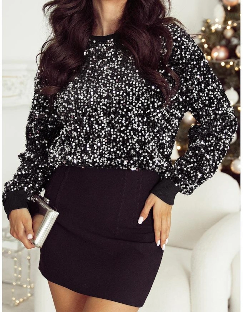 Black Sequined Long Sleeve Crew Neck Cropped Blouse
