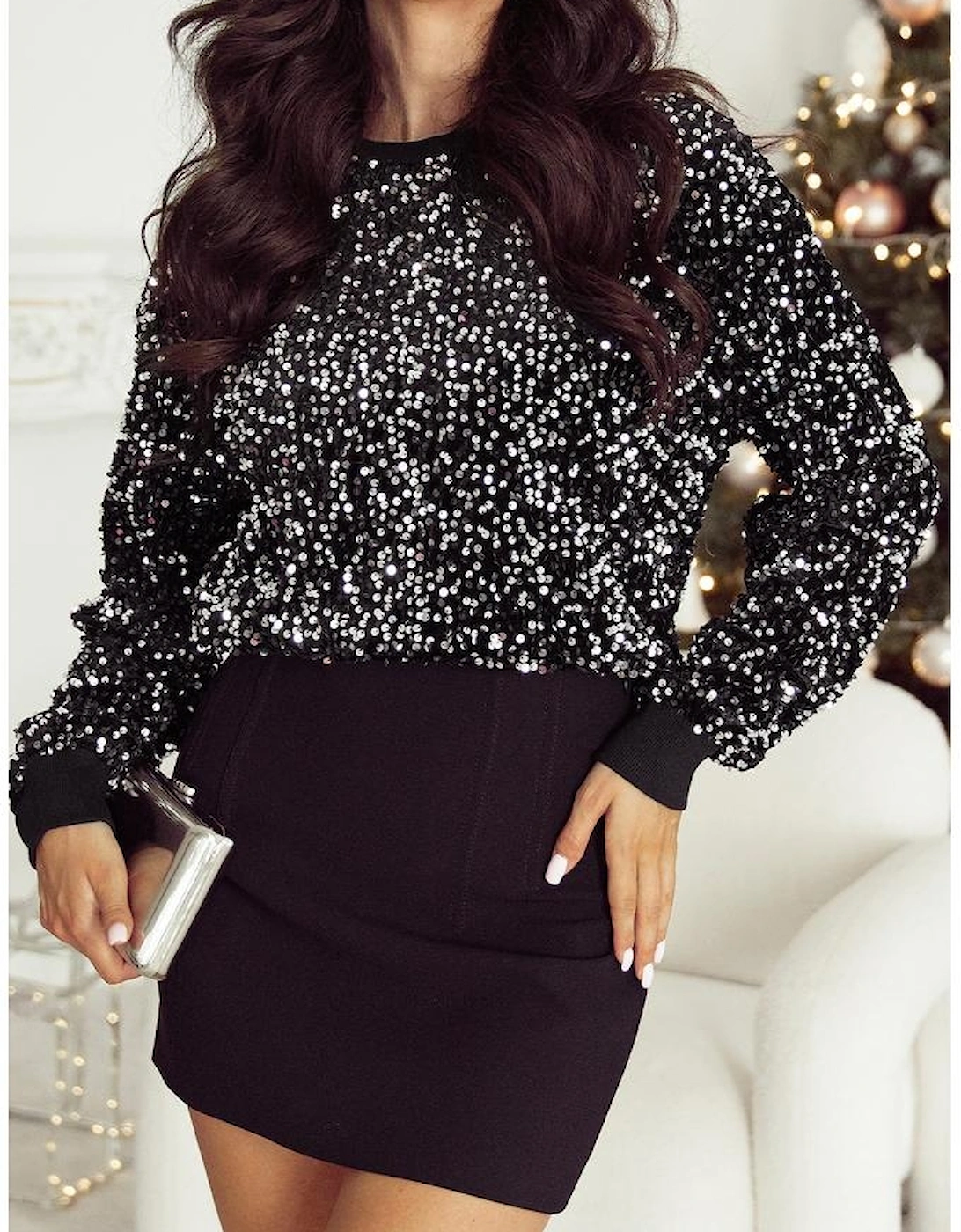 Black Sequined Long Sleeve Crew Neck Cropped Blouse