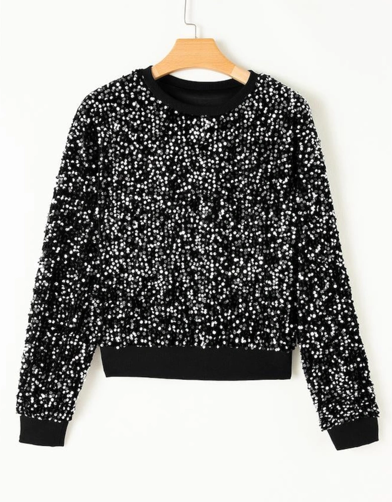 Black Sequined Long Sleeve Crew Neck Cropped Blouse