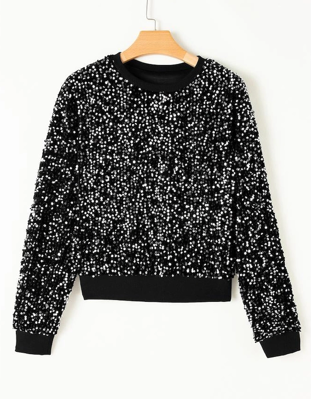 Black Sequined Long Sleeve Crew Neck Cropped Blouse