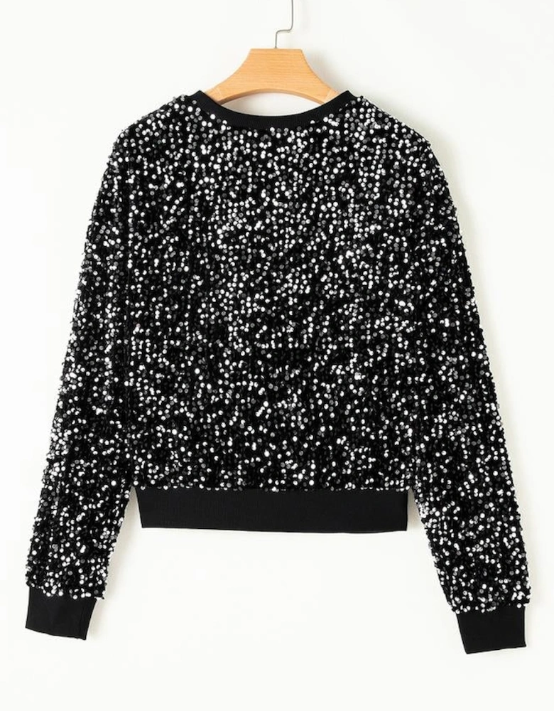 Black Sequined Long Sleeve Crew Neck Cropped Blouse