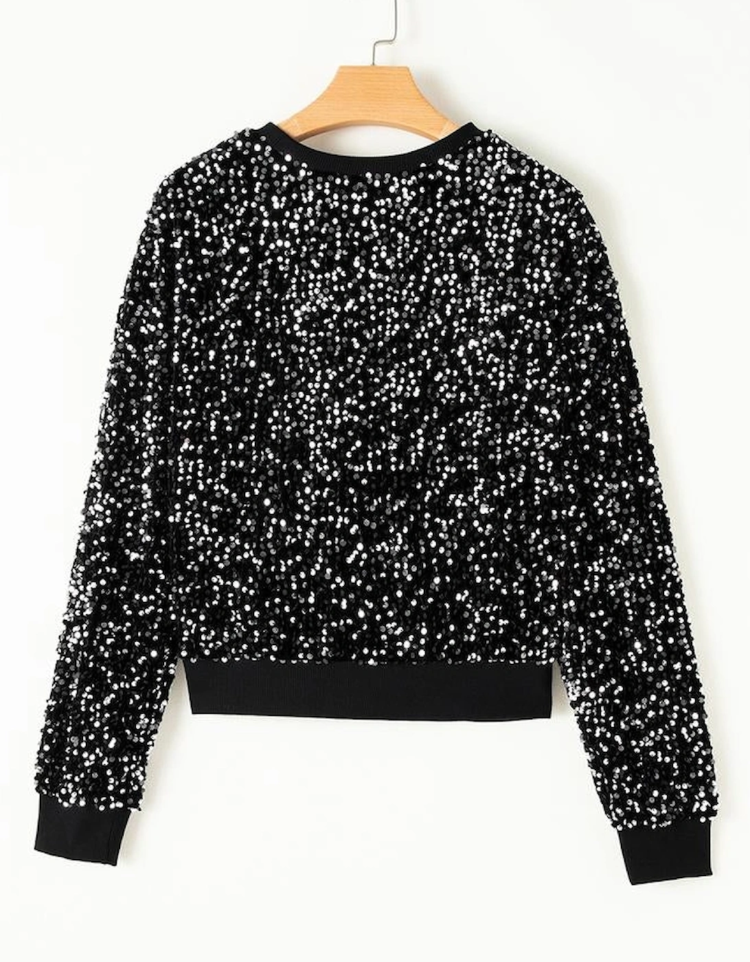 Black Sequined Long Sleeve Crew Neck Cropped Blouse