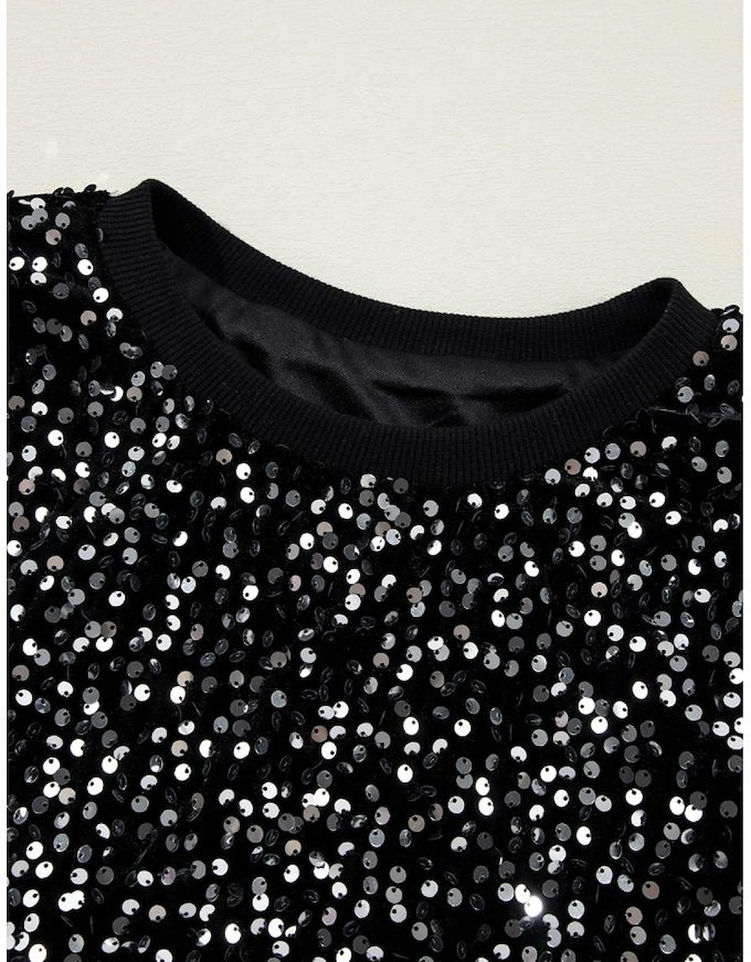Black Sequined Long Sleeve Crew Neck Cropped Blouse