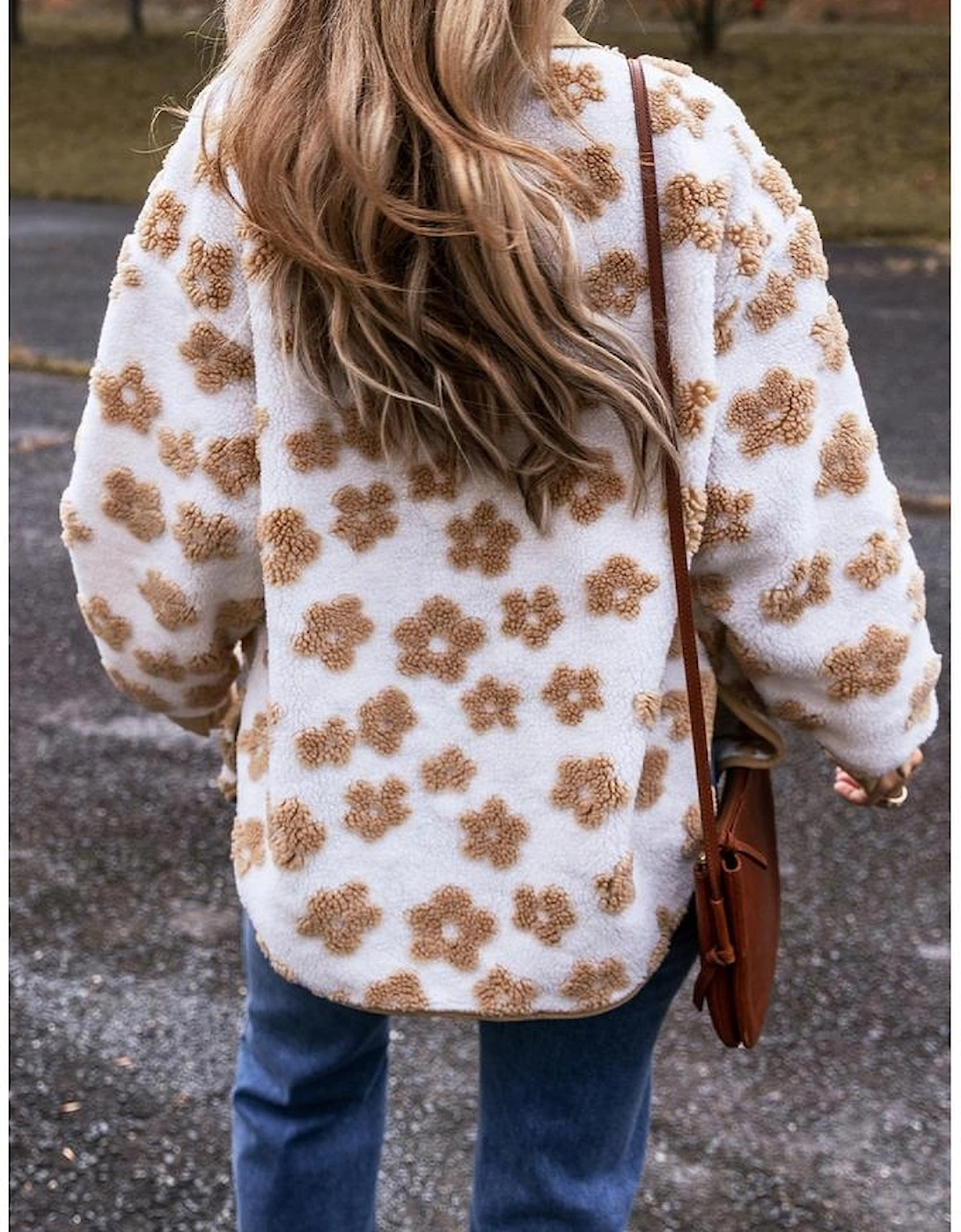 Light French Beige Cute Flower Pattern Button Up Fleece Jacket