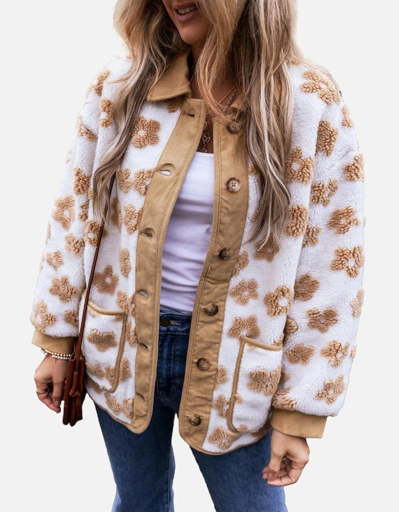 Light French Beige Cute Flower Pattern Button Up Fleece Jacket