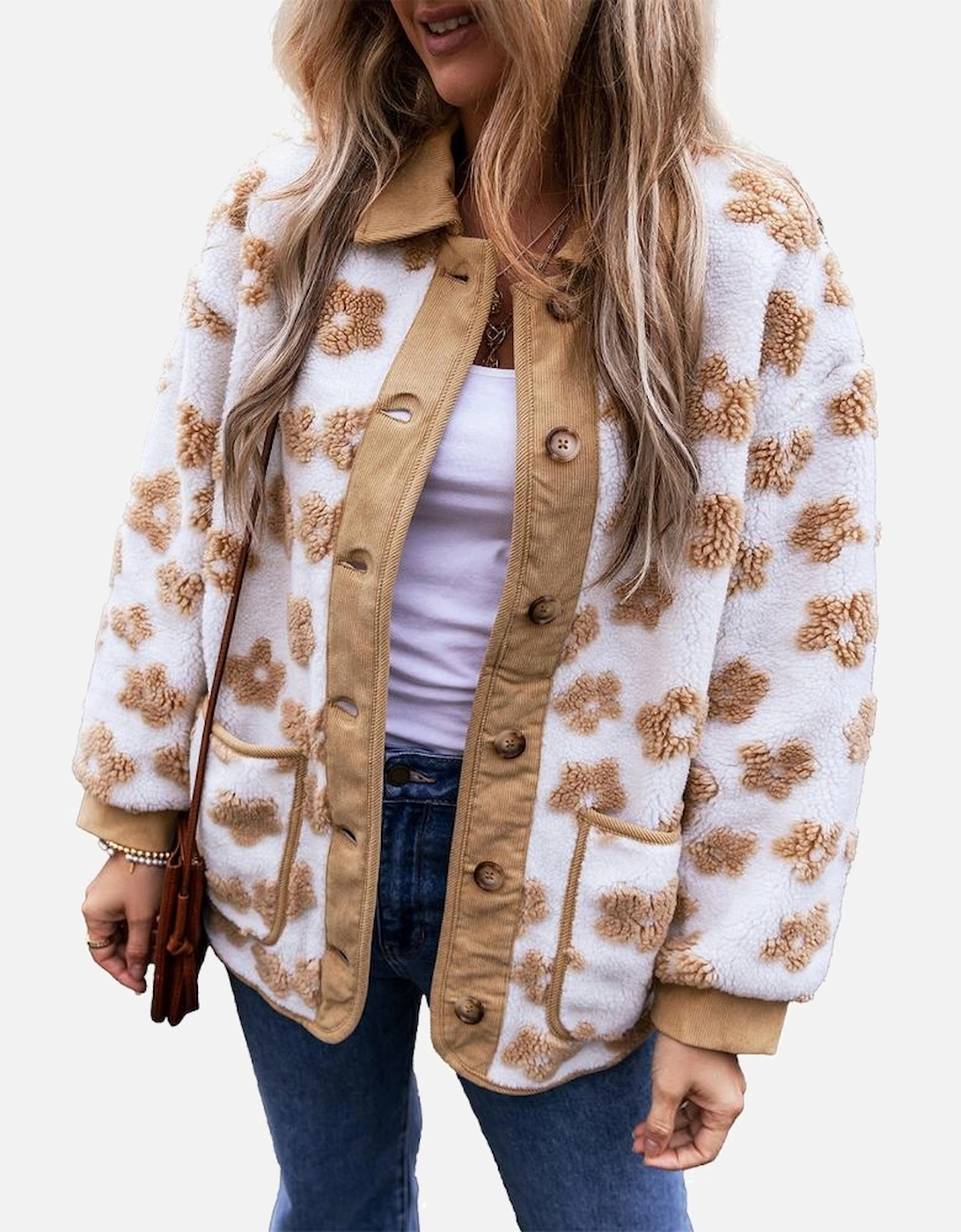 Light French Beige Cute Flower Pattern Button Up Fleece Jacket