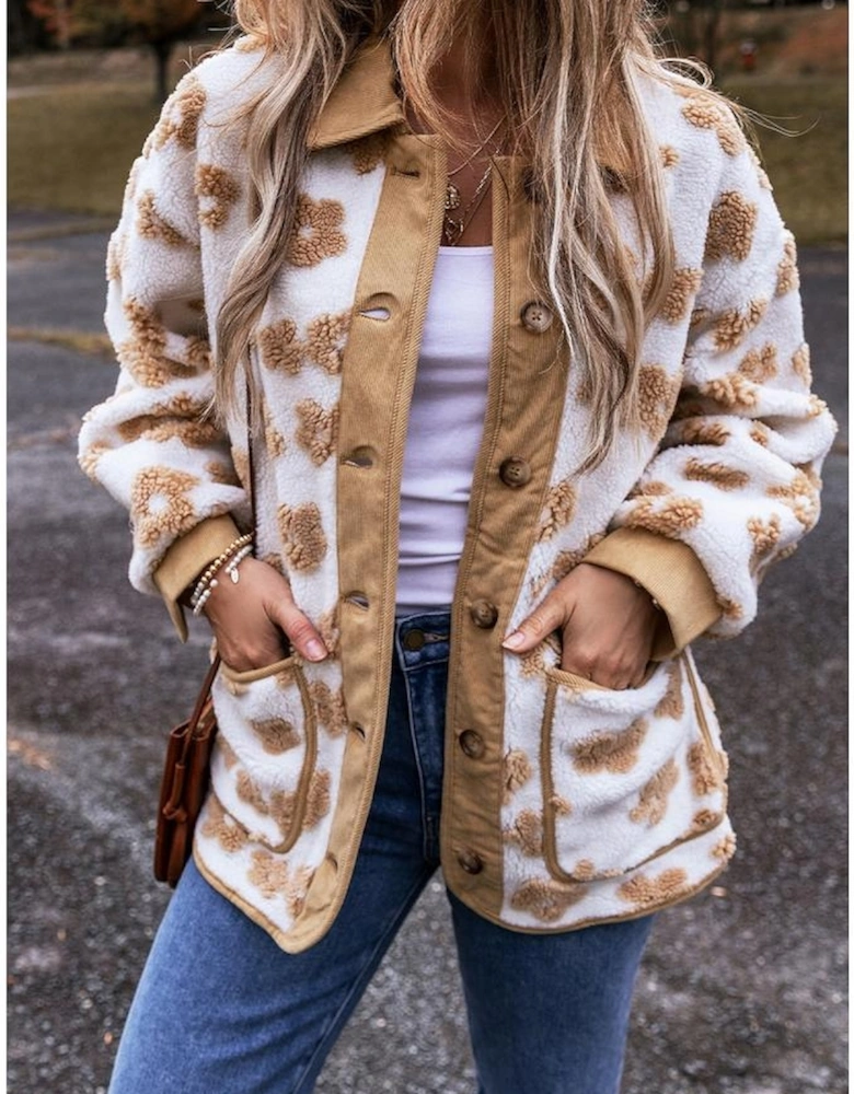 Light French Beige Cute Flower Pattern Button Up Fleece Jacket