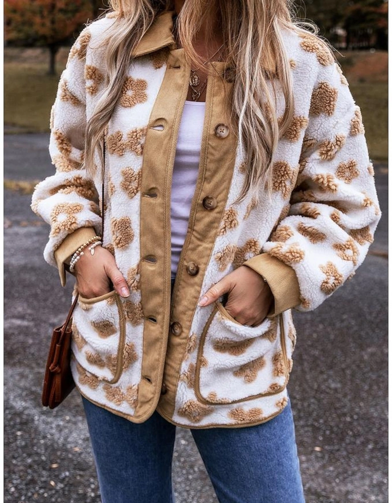Light French Beige Cute Flower Pattern Button Up Fleece Jacket