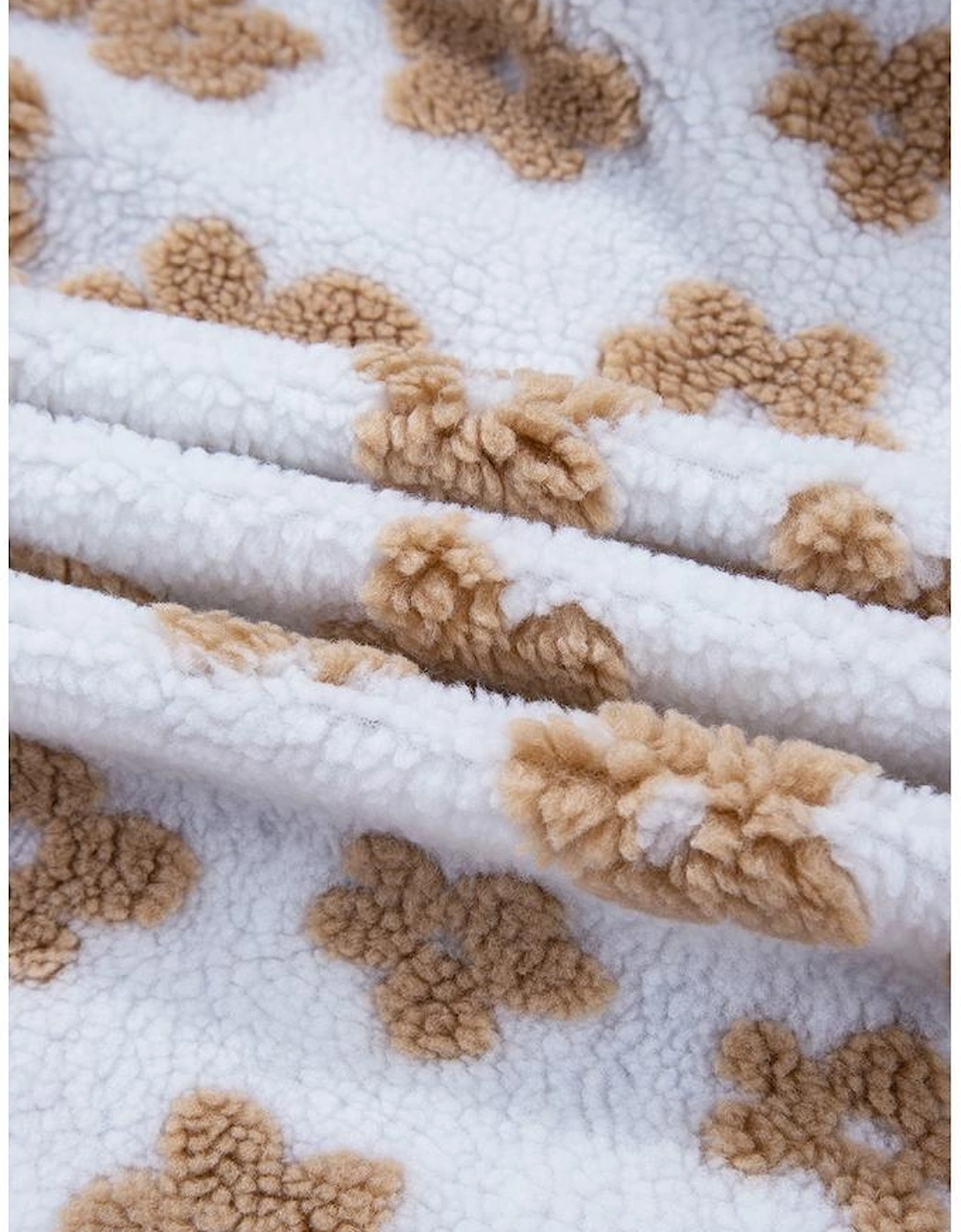 Light French Beige Cute Flower Pattern Button Up Fleece Jacket