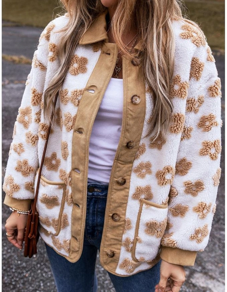 Light French Beige Cute Flower Pattern Button Up Fleece Jacket