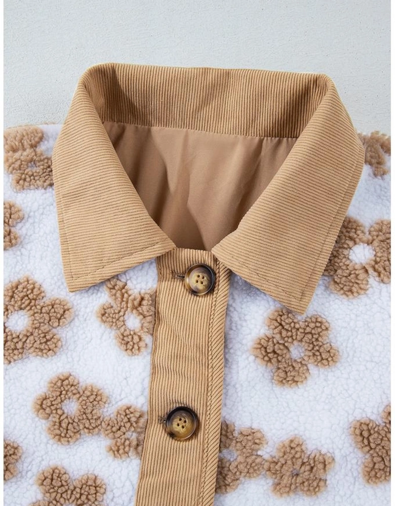 Light French Beige Cute Flower Pattern Button Up Fleece Jacket