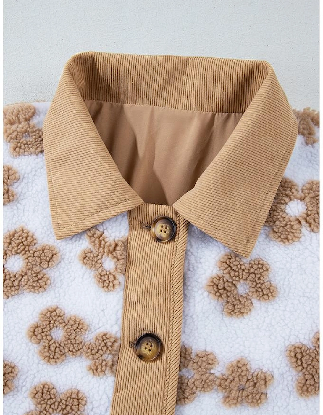 Light French Beige Cute Flower Pattern Button Up Fleece Jacket