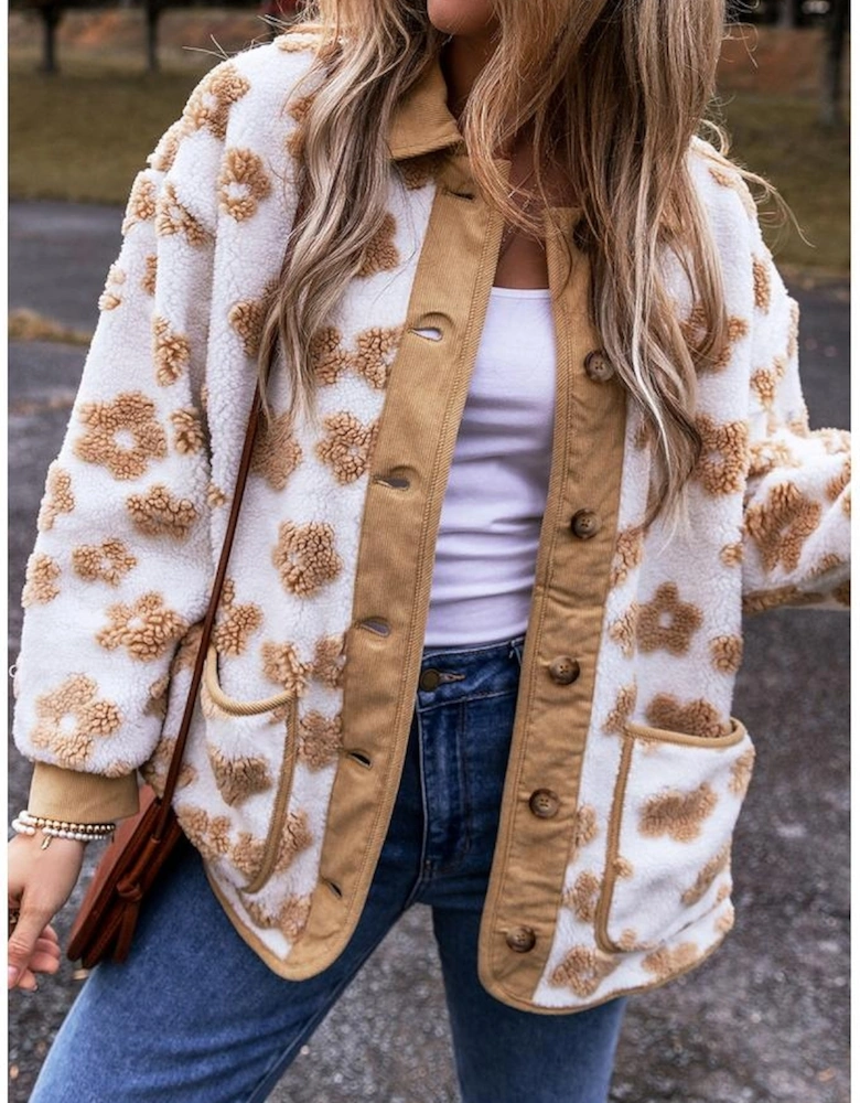 Light French Beige Cute Flower Pattern Button Up Fleece Jacket