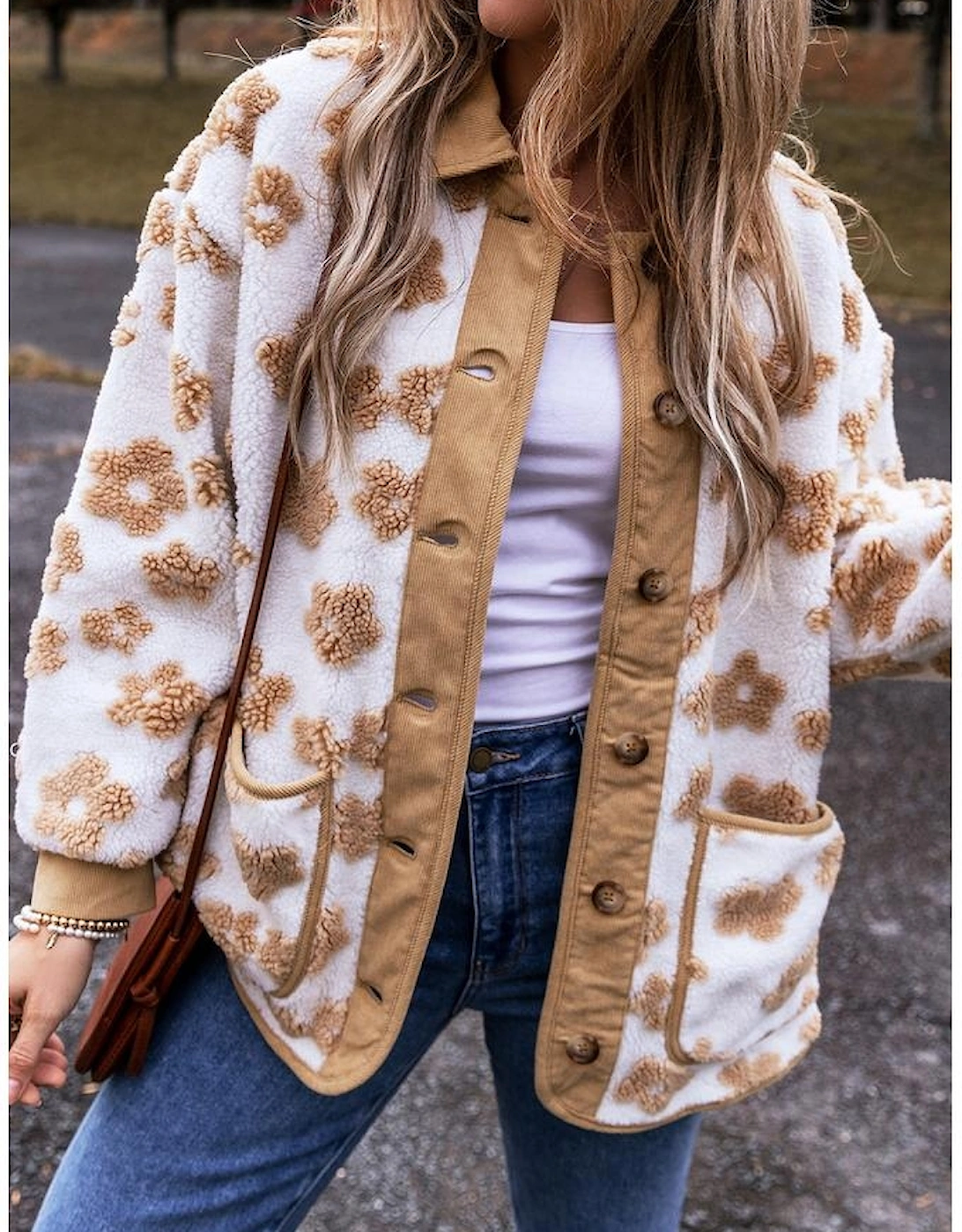 Light French Beige Cute Flower Pattern Button Up Fleece Jacket