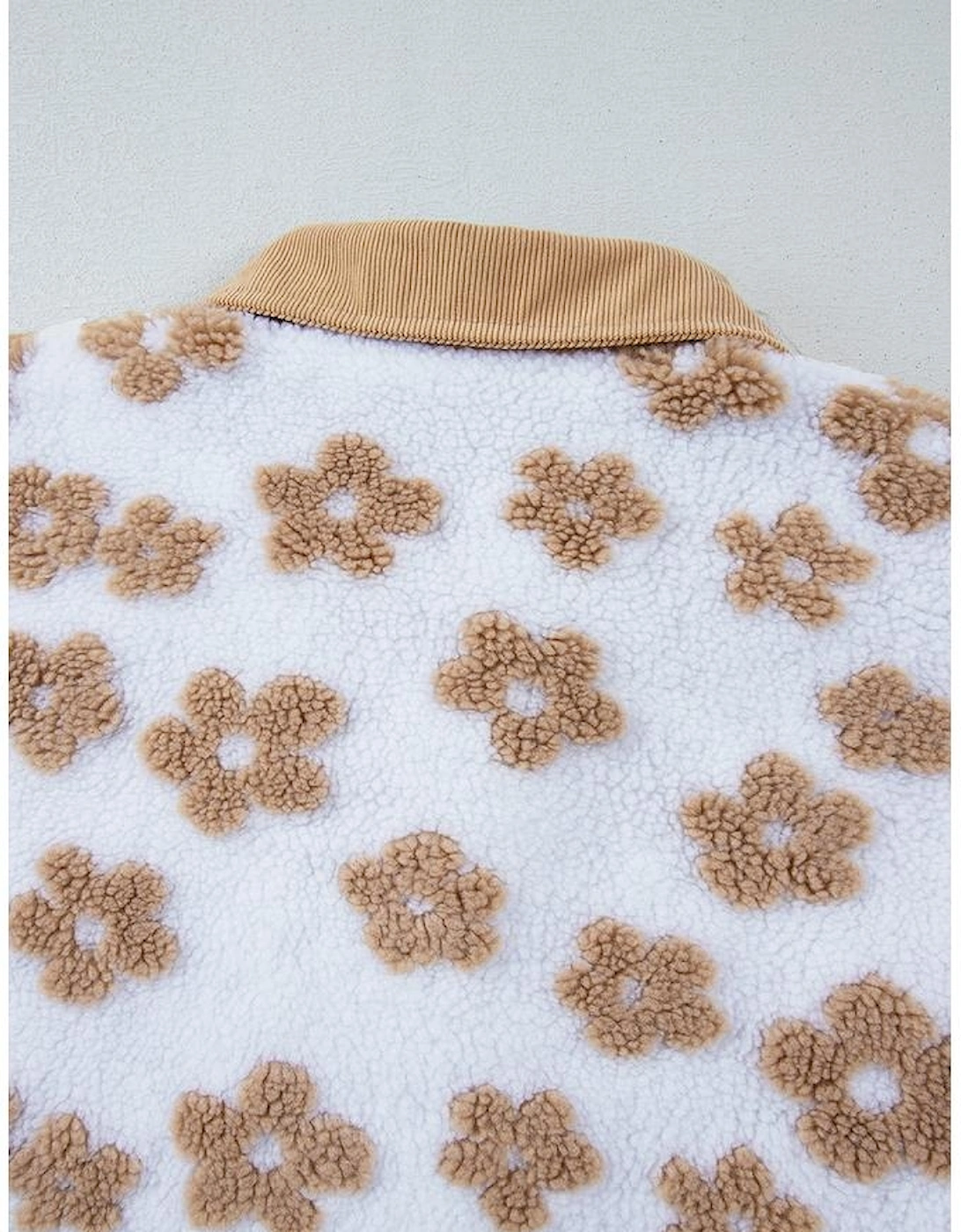 Light French Beige Cute Flower Pattern Button Up Fleece Jacket