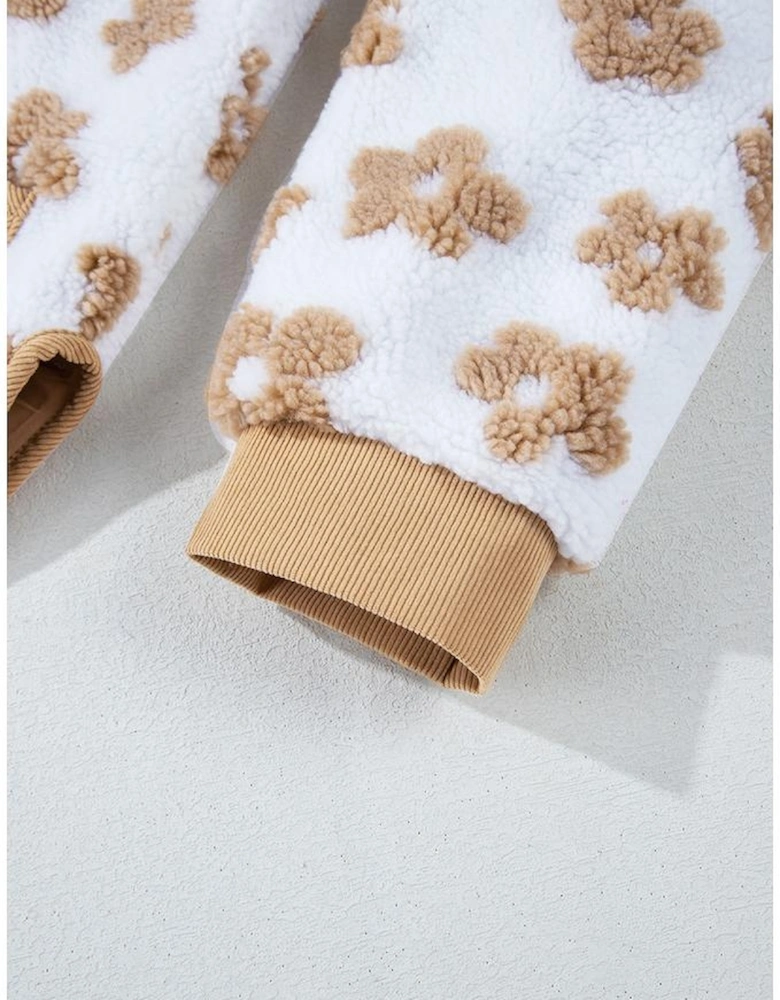 Light French Beige Cute Flower Pattern Button Up Fleece Jacket