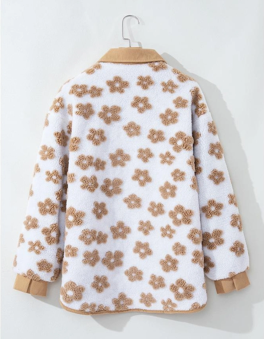 Light French Beige Cute Flower Pattern Button Up Fleece Jacket