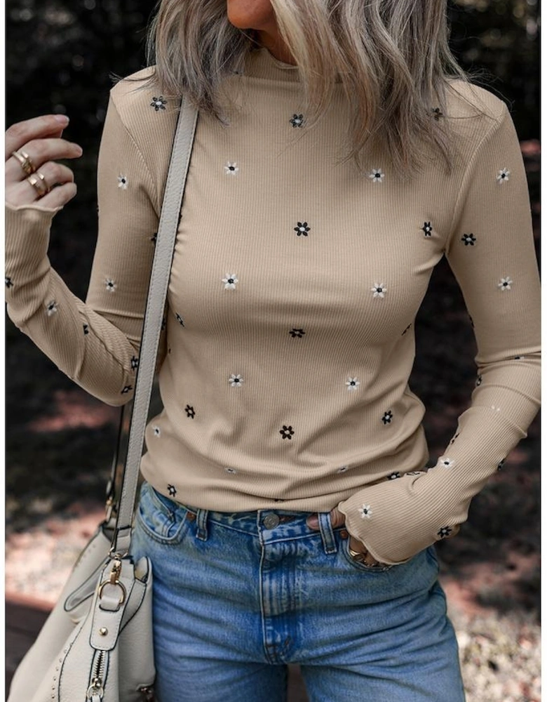 Jet Stream Floral Embroidered Detail Ribbed Long Sleeve Top