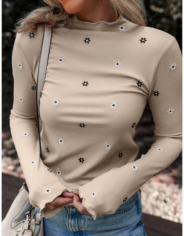 Jet Stream Floral Embroidered Detail Ribbed Long Sleeve Top