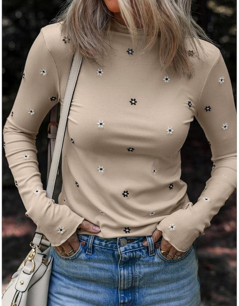 Jet Stream Floral Embroidered Detail Ribbed Long Sleeve Top