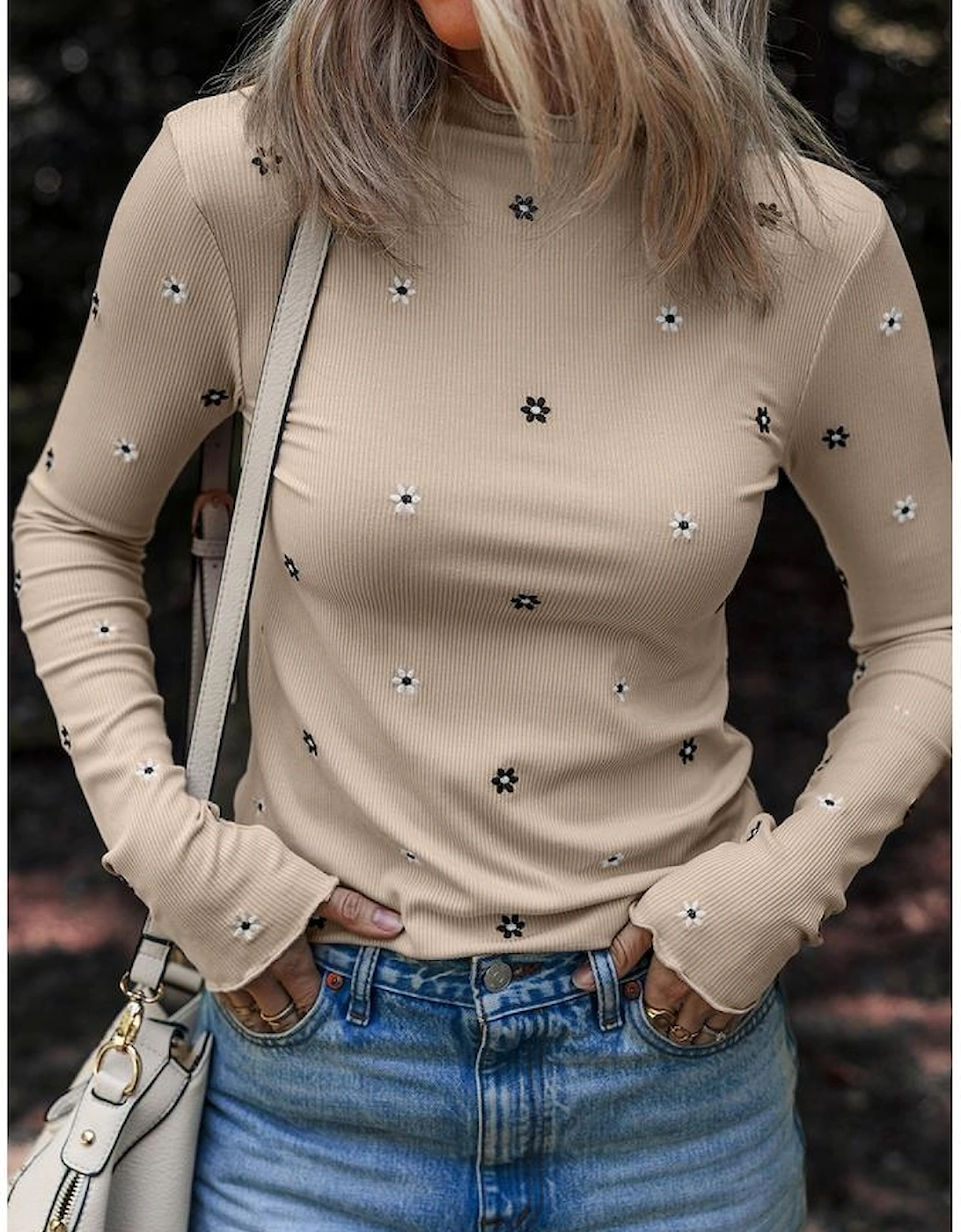Jet Stream Floral Embroidered Detail Ribbed Long Sleeve Top